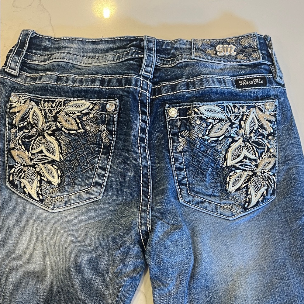Miss Me Blue Jeans with White Leaf Embroidery